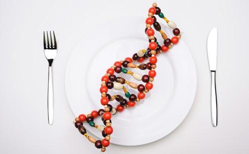 ДНК молекула върху бяла чиния с вилица и лъжица