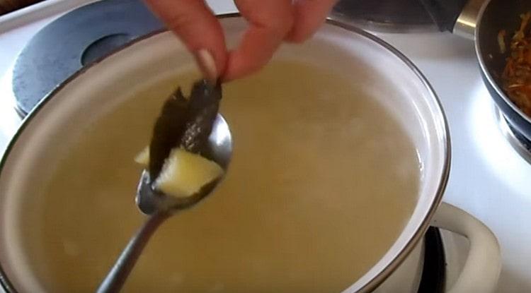 Wir extrahieren das Lorbeerblatt aus der Suppe.