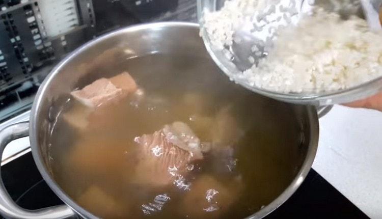Fügen Sie Reis der zukünftigen Suppe hinzu.