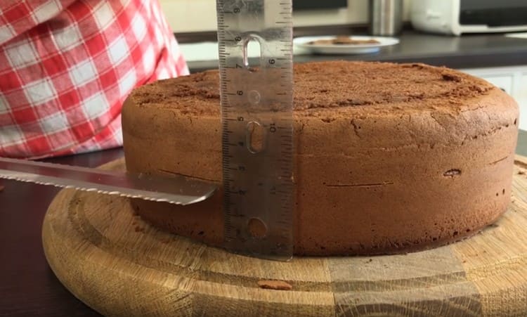 Der abgekühlte Kuchen wird in 2 Teile geschnitten.