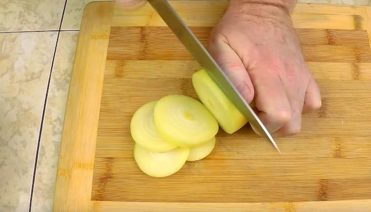 Tagliare la cipolla in anelli spessi.