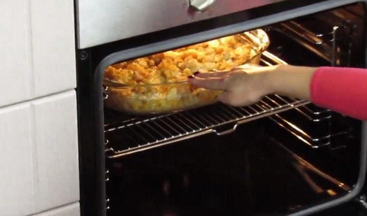 Schicken Sie den Auflauf eine halbe Stunde lang in den Ofen.