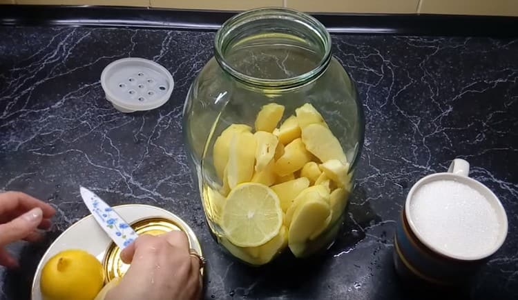Aggiungi un cerchio di limone alla mela cotogna nel barattolo.