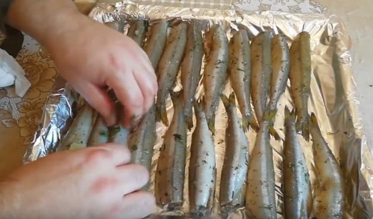 Разстиламе маринованата риба върху лист за печене, покрит с фолио.