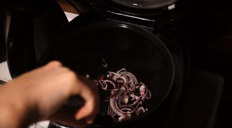 Metti le cipolle in una pentola a cottura lenta e friggi fino a renderle morbide.