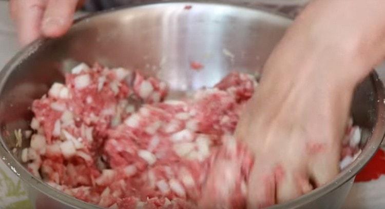 Aggiungi la cipolla, l'acqua alla carne macinata e mescola accuratamente.
