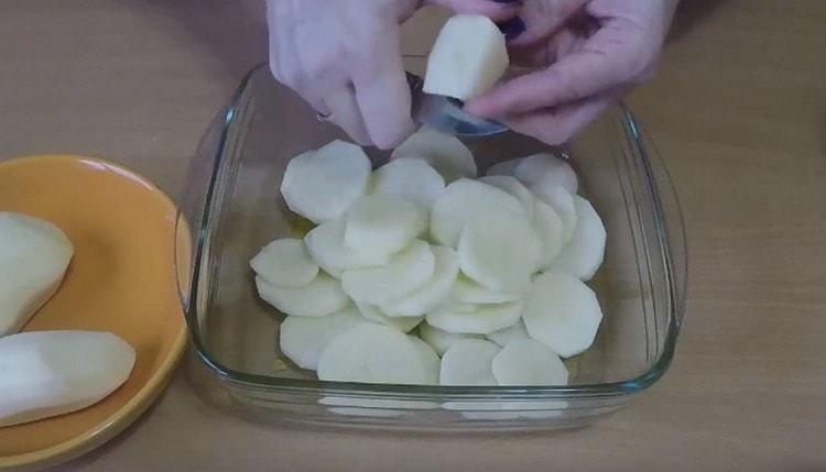 Κόβουμε τις πατάτες σε κύκλους απευθείας στη φόρμα.