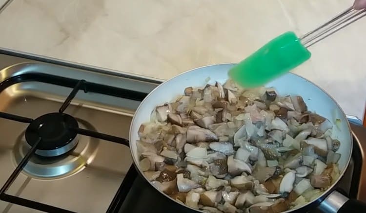 Fügen Sie Pilze der Zwiebel hinzu und braten Sie für 5-7 Minuten.