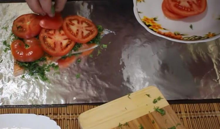 Auf den Dill eine Schicht Tomaten legen.