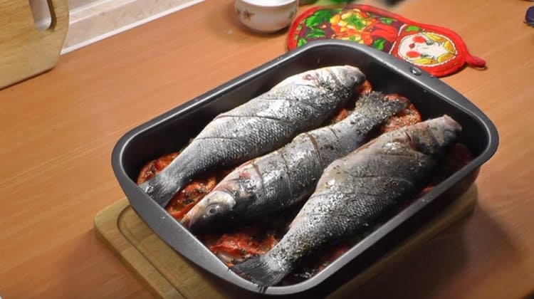 Den Fisch mit provenzalischen Kräutern bestreuen und in den Ofen geben.