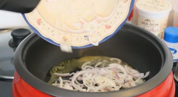 V hrnci se silným dnem roztavte máslo a rozprostřete cibulku na smažení.