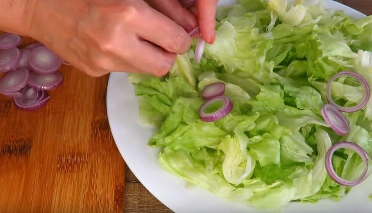 Auf den Salat Schalottenringe legen.