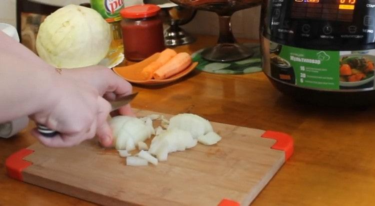 Smulkiai supjaustykite svogūną ir nusiųskite į lėtą viryklę.