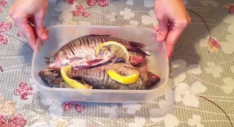 Um gebratenen Fisch zuzubereiten, legen Sie den Fisch in einen Behälter