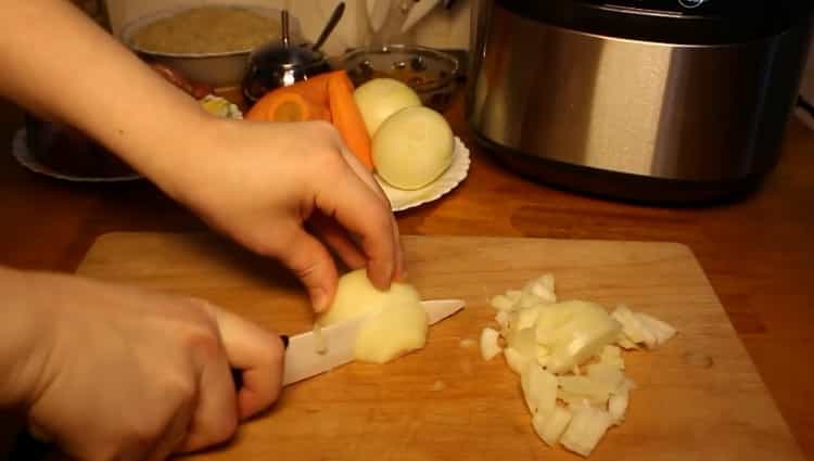 Zum Kochen von Pilaw in einem Langsamkocher von Redmond Zwiebeln hacken
