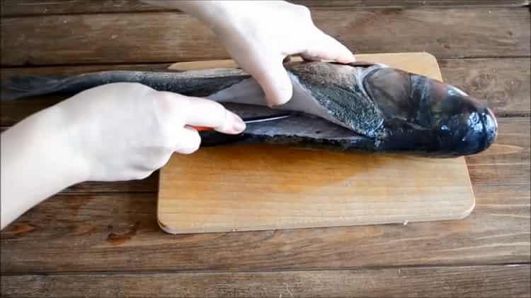 Um einen Silberkarpfen im Ofen zuzubereiten, schneiden Sie den Fisch ein