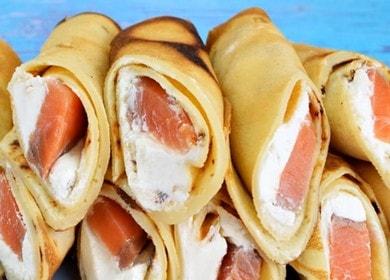 Naghahanda kami ng masarap na pancake na pampagana sa salmon ayon sa isang sunud-sunod na recipe na may isang larawan.