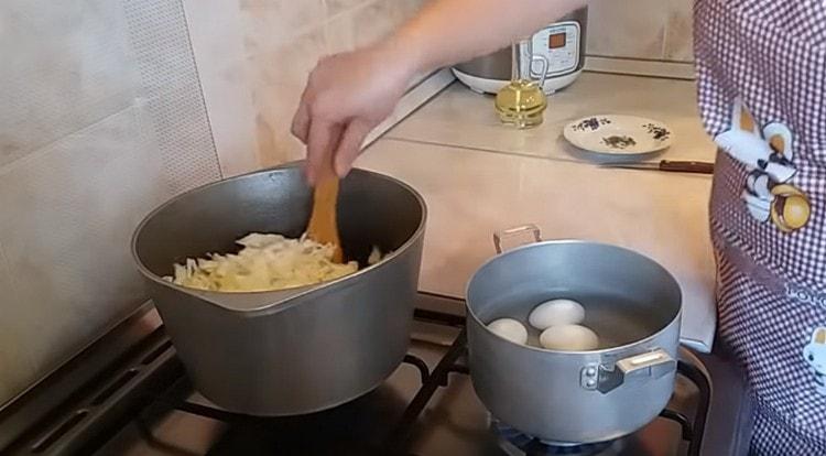 Zwiebel mit Kohl bestreuen, salzen, mit Wasser ablöschen und schmoren lassen.