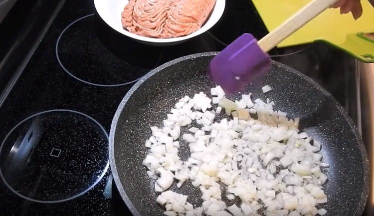 Τρίψτε το κρεμμύδι και το τηγανίζουμε σε μια κατσαρόλα μέχρι να διαφανεί.