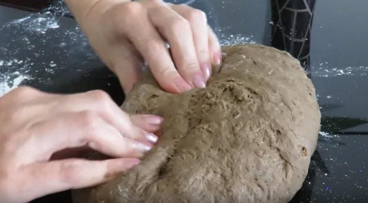 Wir zerkleinern den Teig und formen daraus ein längliches Brot.