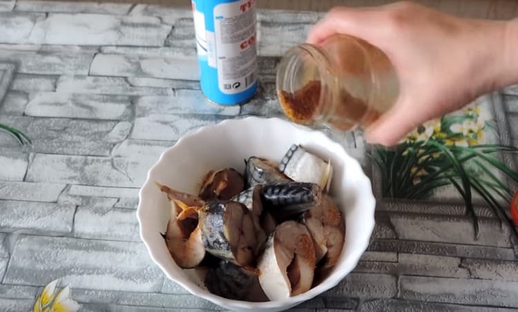 Posypte makrelu solí a kořením na ryby, promíchejte.