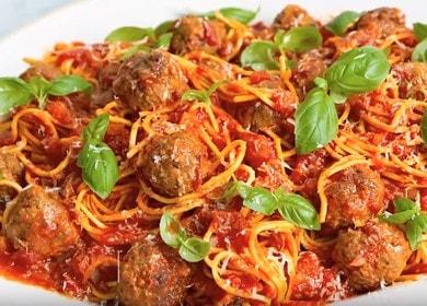 Vaříme chutné špagety s masovými kuličkami podle postupného receptu s fotografií.