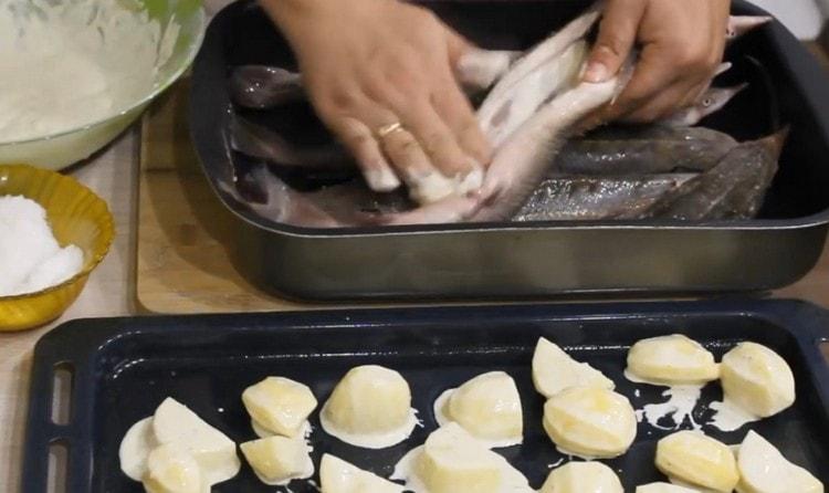 Solte ryby a namažte omáčkou zbývající po bramborách.