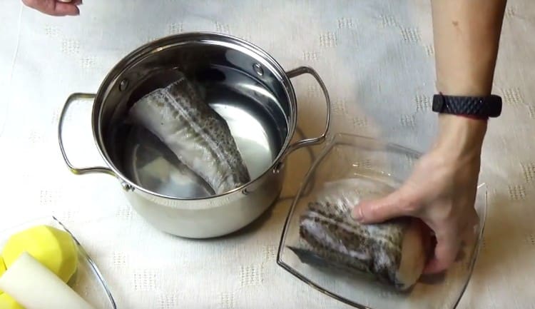Βάλτε τα κομμάτια του μπακαλιάρου στο νερό και ρυθμίστε να μαγειρέψετε.