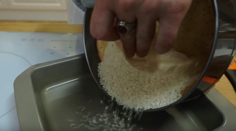 Vyjmeme základ pro tvarohový koláč z trouby a z něj vylijeme rýži.