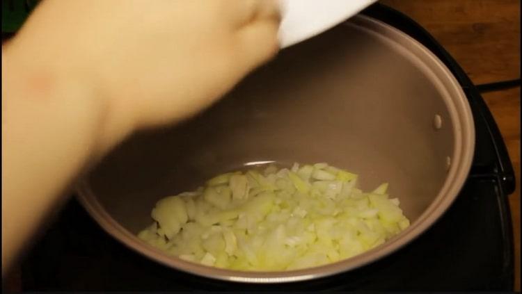 Per cuocere il salmone rosa in una pentola a cottura lenta, friggere le cipolle