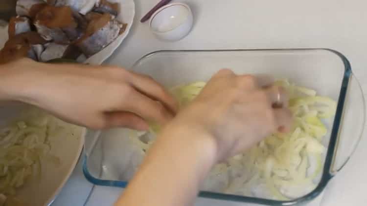 Per cucinare il pollock, metti la cipolla in uno stampo
