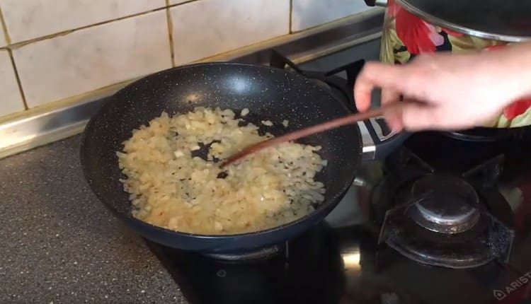 Friggere le cipolle in una padella fino a quando diventano trasparenti.