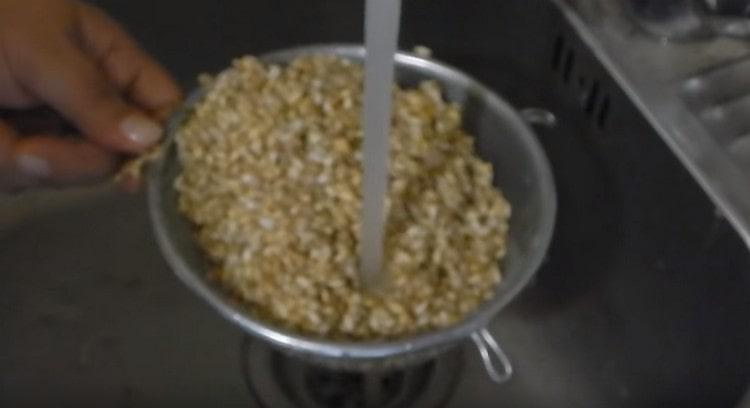 Wir werfen das Getreide in ein Sieb und spülen es unter fließendem Wasser ab.