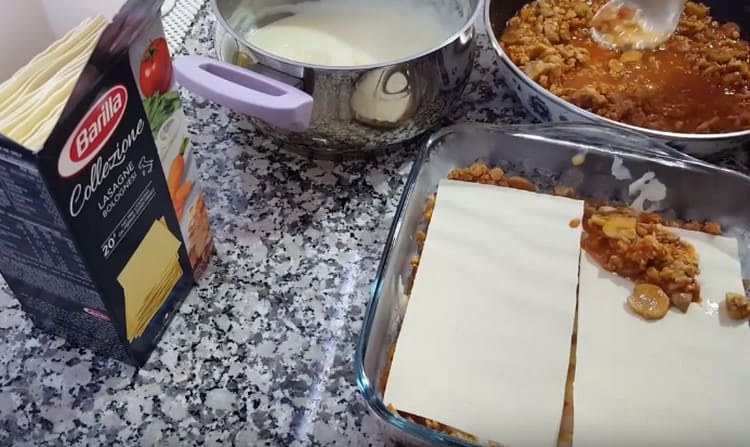Mga kahaliling sheet ng lasagna at sarsa, pagkolekta ng isang ulam.