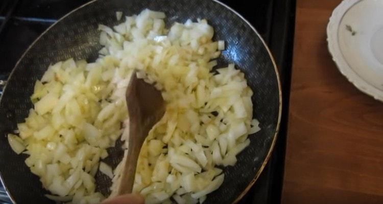 Distribuire leggermente la cipolla e friggerla fino a renderla morbida.