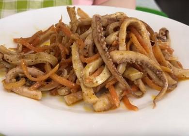 Naghahanda kami ng isang orihinal na salad na may calamari at Korean karot ayon sa isang sunud-sunod na recipe na may isang larawan.