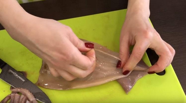 Tagliare la carcassa di calamaro ed estrarre la piastra di chitina.