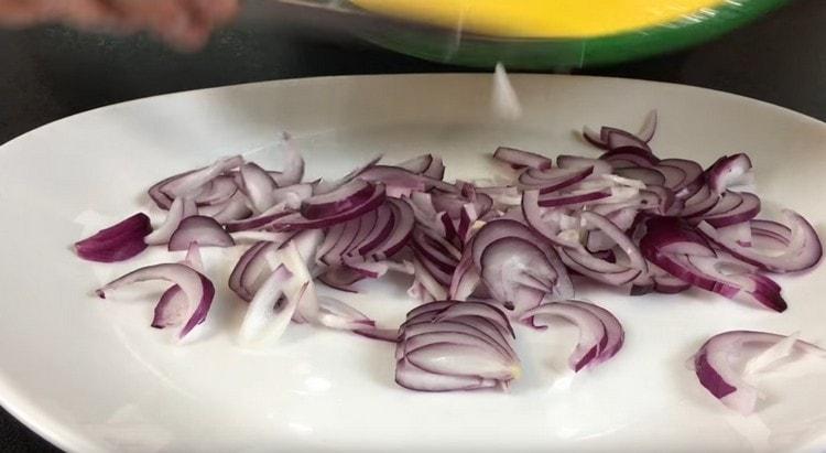 Tagliare la cipolla a semianelli e metterla sul piatto.