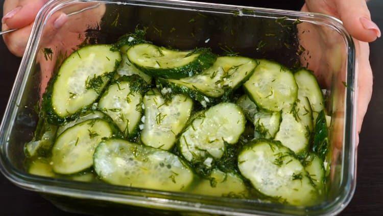 Po 12 valandų jau galima patiekti supjaustytų agurkų salotas.