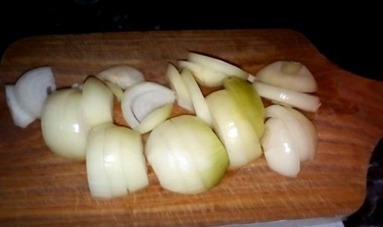 Tagliare la cipolla a semianelli.