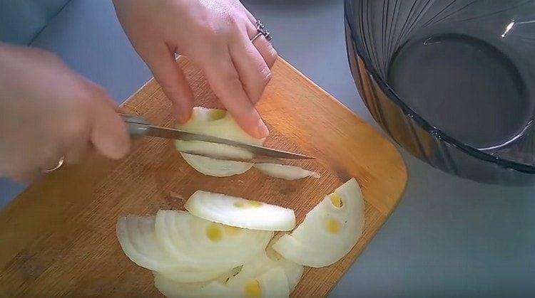 Tagliare la cipolla a semianelli.