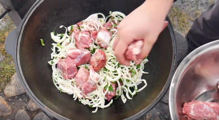 يرش اللحم مع جزء من البصل بالأعشاب ويصنع مرة أخرى طبقة من اللحم.