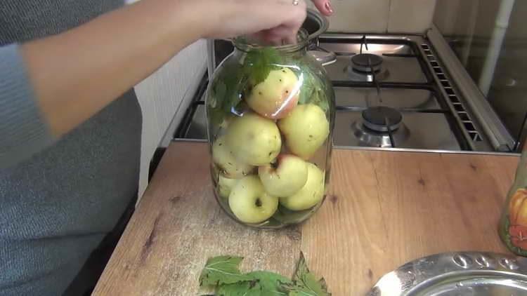 Äpfel mit Kirschblättern bestreichen