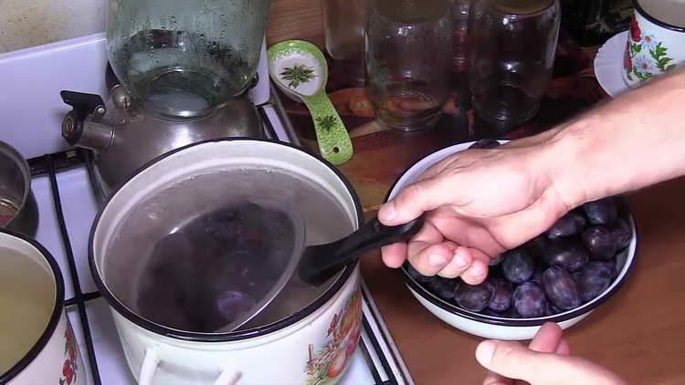maglagay ng mga plum sa isang colander at ipadala sa kawali