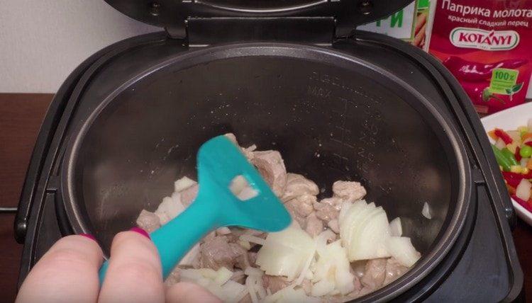 Į mėsą įpilkite svogūnų, sumaišykite.